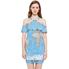 Blue White And Green World Map National Geographic Shoulder Frill Bodycon Summer Dress by Pakjumat