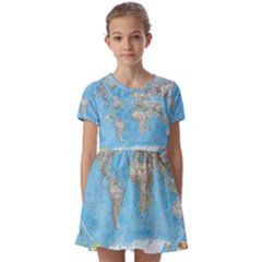 Blue White And Green World Map National Geographic Kids  Short Sleeve Pinafore Style Dress by Pakjumat