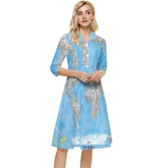 Blue White And Green World Map National Geographic Classy Knee Length Dress by Pakjumat