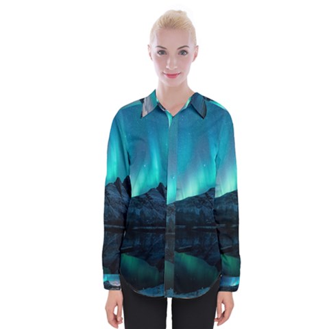 Aurora Borealis Mountain Reflection Womens Long Sleeve Shirt by Pakjumat