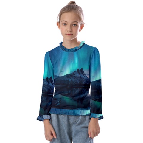 Aurora Borealis Mountain Reflection Kids  Frill Detail T-shirt by Pakjumat