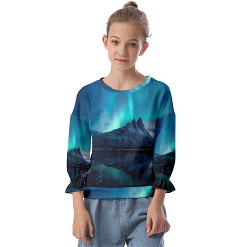 Aurora Borealis Mountain Reflection Kids  Cuff Sleeve Top by Pakjumat