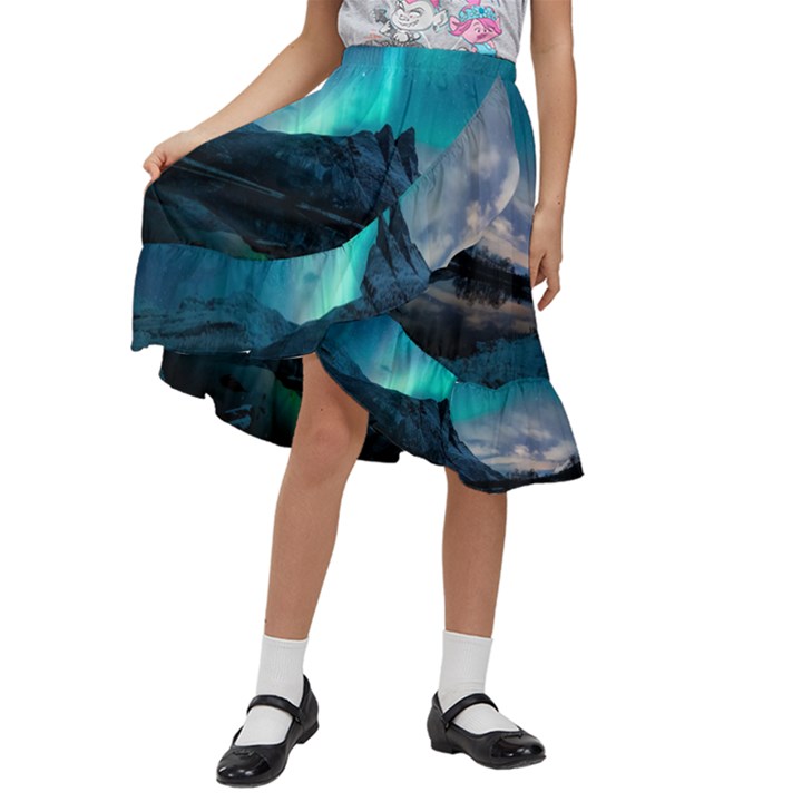 Aurora Borealis Mountain Reflection Kids  Ruffle Flared Wrap Midi Skirt