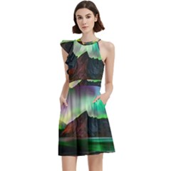 Aurora Borealis Nature Sky Light Cocktail Party Halter Sleeveless Dress With Pockets