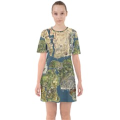 Map Illustration Gta Sixties Short Sleeve Mini Dress by Pakjumat