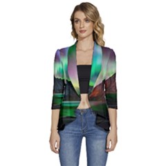 Aurora Borealis Nature Sky Light Women s 3/4 Sleeve Ruffle Edge Open Front Jacket by Pakjumat