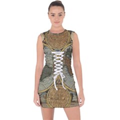 Vintage World Map Travel Geography Lace Up Front Bodycon Dress by Pakjumat