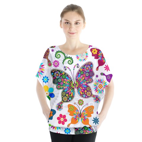 Butterflies Abstract Colorful Floral Flowers Vector Batwing Chiffon Blouse by Pakjumat