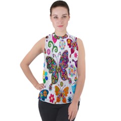 Butterflies Abstract Colorful Floral Flowers Vector Mock Neck Chiffon Sleeveless Top by Pakjumat