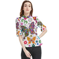 Butterflies Abstract Colorful Floral Flowers Vector Frill Neck Blouse