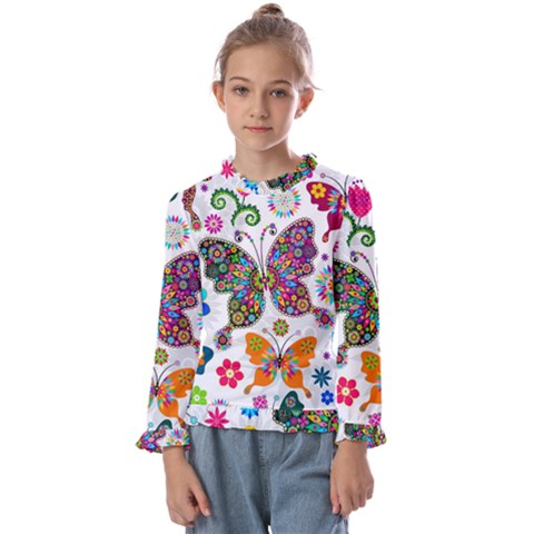 Butterflies Abstract Colorful Floral Flowers Vector Kids  Frill Detail T-shirt by Pakjumat