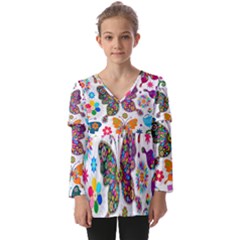 Butterflies Abstract Colorful Floral Flowers Vector Kids  V Neck Casual Top by Pakjumat