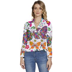 Butterflies Abstract Colorful Floral Flowers Vector Women s Long Sleeve Revers Collar Cropped Jacket by Pakjumat