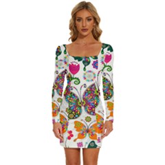 Butterflies Abstract Colorful Floral Flowers Vector Long Sleeve Square Neck Bodycon Velvet Dress by Pakjumat