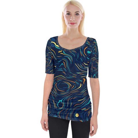 Colorful Abstract Pattern Creative Colorful Line Linear Background Wide Neckline T-shirt by Pakjumat