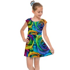 Colorful Roses Bouquet Rainbow Kids  Cap Sleeve Dress by Pakjumat