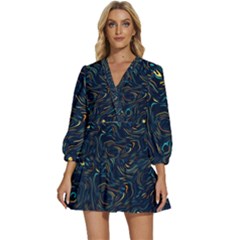 Colorful Abstract Pattern Creative Colorful Line Linear Background V-neck Placket Mini Dress by Pakjumat