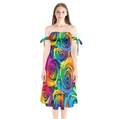 Colorful Roses Bouquet Rainbow Shoulder Tie Bardot Midi Dress by Pakjumat