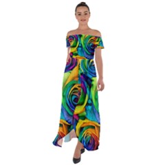 Colorful Roses Bouquet Rainbow Off Shoulder Open Front Chiffon Dress by Pakjumat