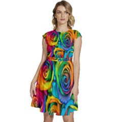 Colorful Roses Bouquet Rainbow Cap Sleeve High Waist Dress by Pakjumat