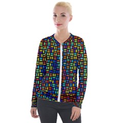 Geometric Colorful Square Rectangle Velvet Zip Up Jacket by Pakjumat