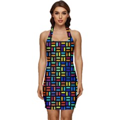 Geometric Colorful Square Rectangle Sleeveless Wide Square Neckline Ruched Bodycon Dress by Pakjumat