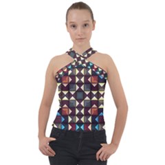 Symmetry Geometric Pattern Texture Cross Neck Velour Top by Pakjumat