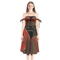 Red Gold Black Voracious Plant Leaf Shoulder Tie Bardot Midi Dress by Pakjumat