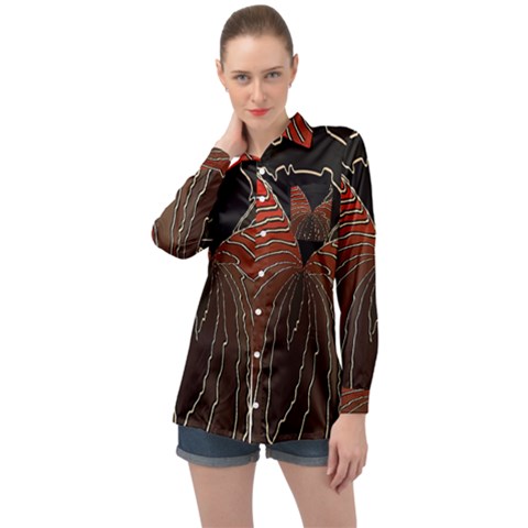 Red Gold Black Voracious Plant Leaf Long Sleeve Satin Shirt by Pakjumat