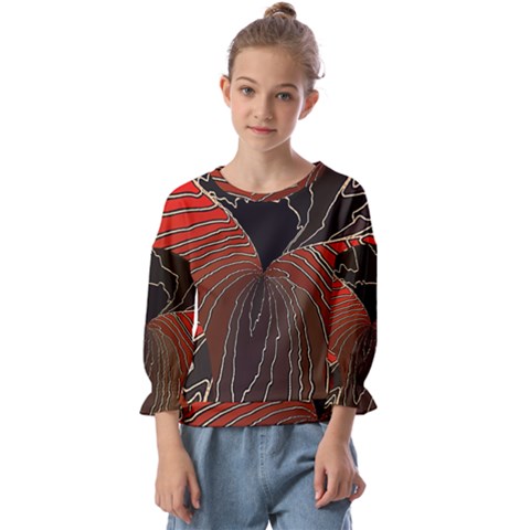 Red Gold Black Voracious Plant Leaf Kids  Cuff Sleeve Top by Pakjumat