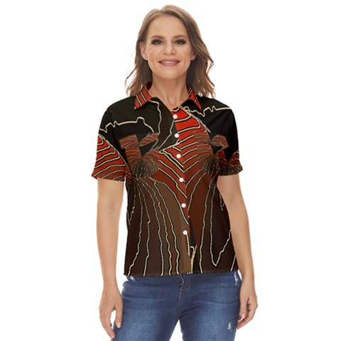 Red Gold Black Voracious Plant Leaf Women s Short Sleeve Double Pocket Shirt by Pakjumat