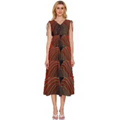 Red Gold Black Voracious Plant Leaf V-neck Drawstring Shoulder Sleeveless Maxi Dress