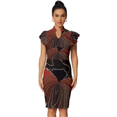 Red Gold Black Voracious Plant Leaf Vintage Frill Sleeve V-neck Bodycon Dress by Pakjumat