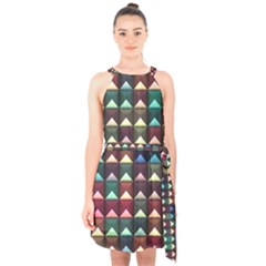 Diamond Geometric Square Design Pattern Halter Collar Waist Tie Chiffon Dress by Pakjumat