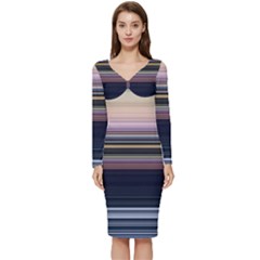 Horizontal Line Strokes Color Lines Long Sleeve V-neck Bodycon Dress  by Pakjumat