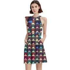 Diamond Geometric Square Design Pattern Cocktail Party Halter Sleeveless Dress With Pockets