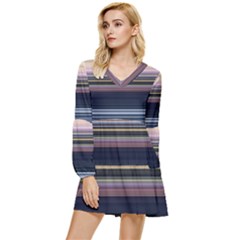 Horizontal Line Strokes Color Lines Tiered Long Sleeve Mini Dress by Pakjumat