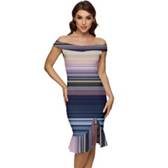 Horizontal Line Strokes Color Lines Off Shoulder Ruffle Split Hem Bodycon Dress by Pakjumat