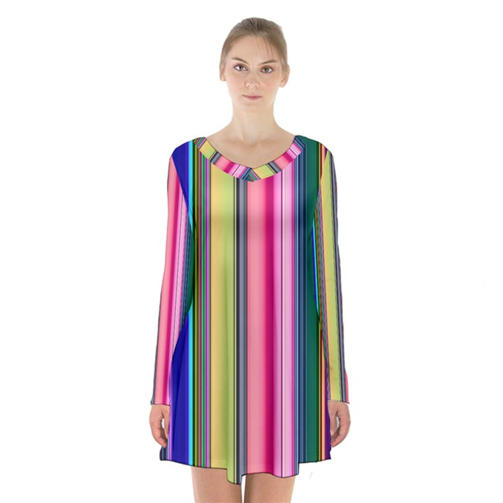 Pastel Colors Striped Pattern Long Sleeve Velvet V-neck Dress