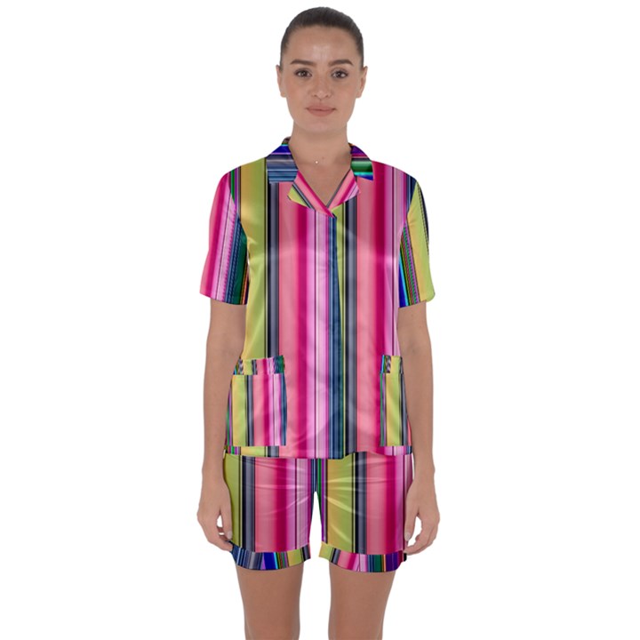 Pastel Colors Striped Pattern Satin Short Sleeve Pajamas Set