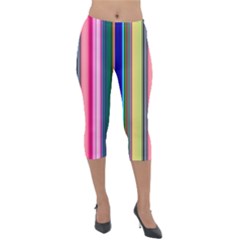 Pastel Colors Striped Pattern Lightweight Velour Capri Leggings  by Pakjumat