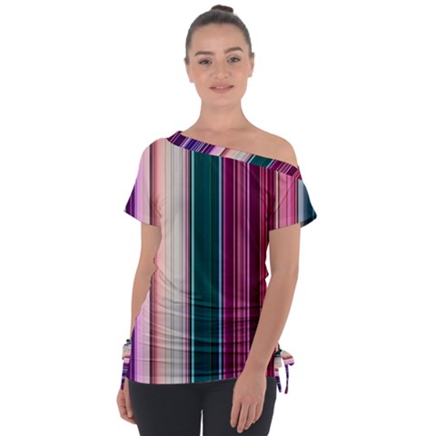 Vertical Line Color Lines Texture Off Shoulder Tie-up T-shirt by Pakjumat