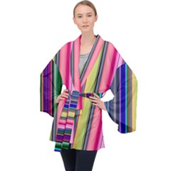 Pastel Colors Striped Pattern Long Sleeve Velvet Kimono  by Pakjumat