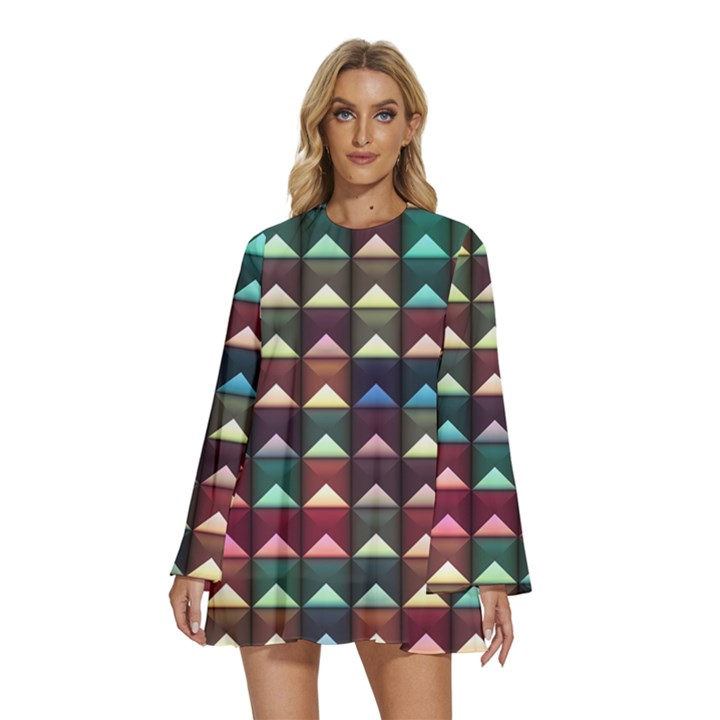 Diamond Geometric Square Design Pattern Round Neck Long Sleeve Bohemian Style Chiffon Mini Dress