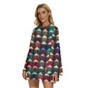 Diamond Geometric Square Design Pattern Round Neck Long Sleeve Bohemian Style Chiffon Mini Dress View2