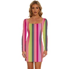 Pastel Colors Striped Pattern Long Sleeve Square Neck Bodycon Velvet Dress by Pakjumat