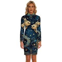 Fish Star Sign Long Sleeve Shirt Collar Bodycon Dress by Pakjumat