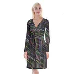 False Prismatic Black Background Long Sleeve Velvet Front Wrap Dress by Pakjumat