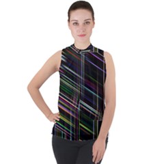 False Prismatic Black Background Mock Neck Chiffon Sleeveless Top by Pakjumat