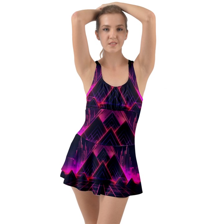 Synthwave City Retrowave Wave Ruffle Top Dress Swimsuit